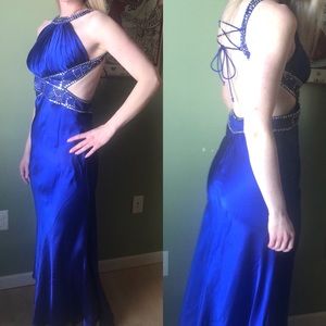 Long, blue, formal gown for prom or pageant